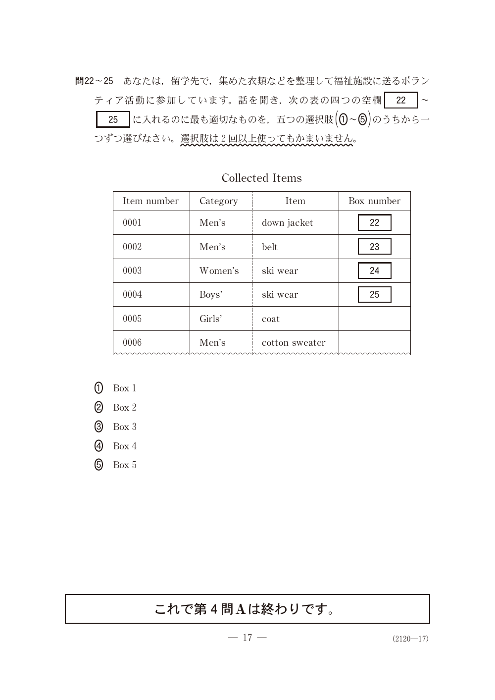 問22の問題冊子ページ(図表)