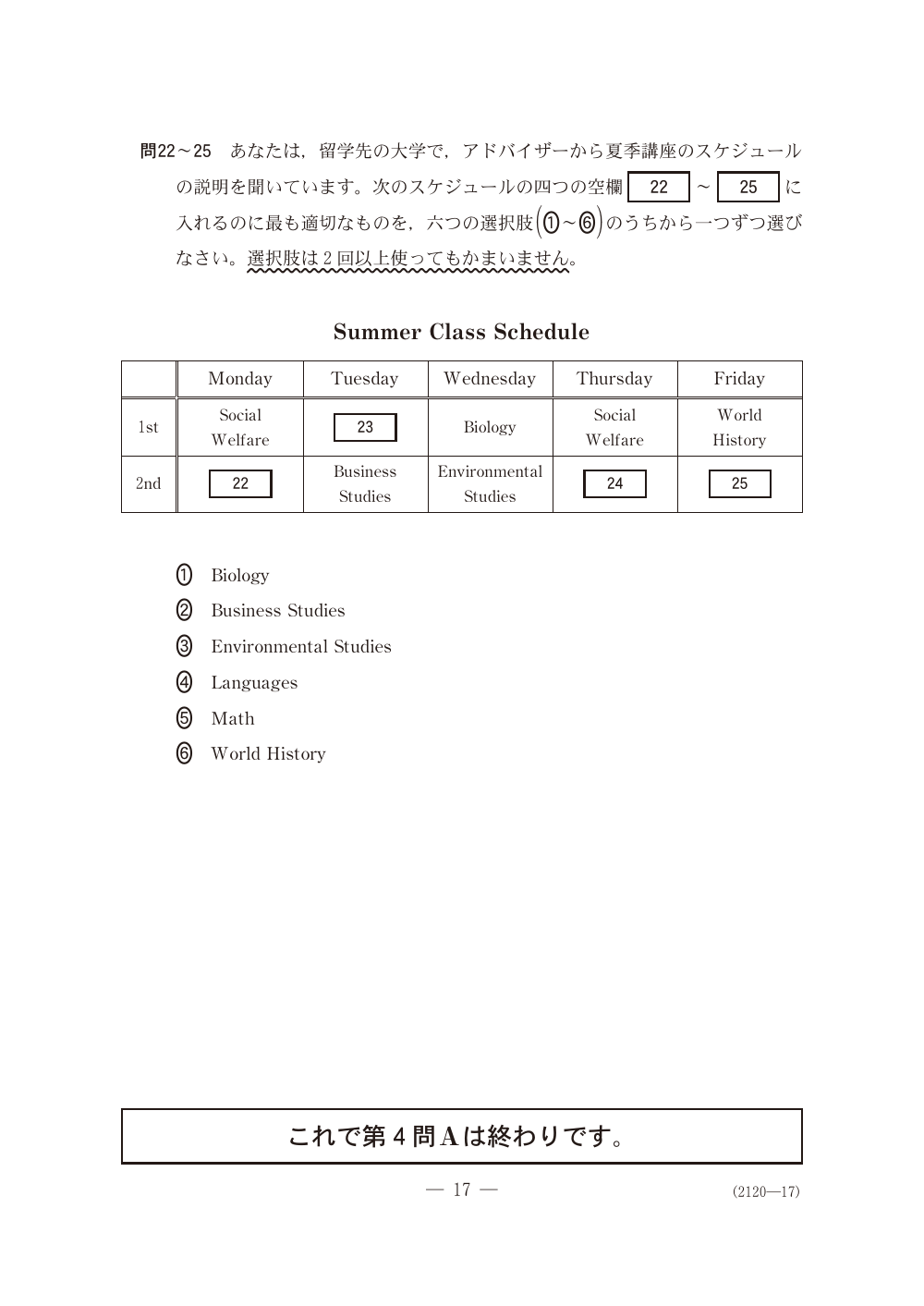 問22の問題冊子ページ(図表)
