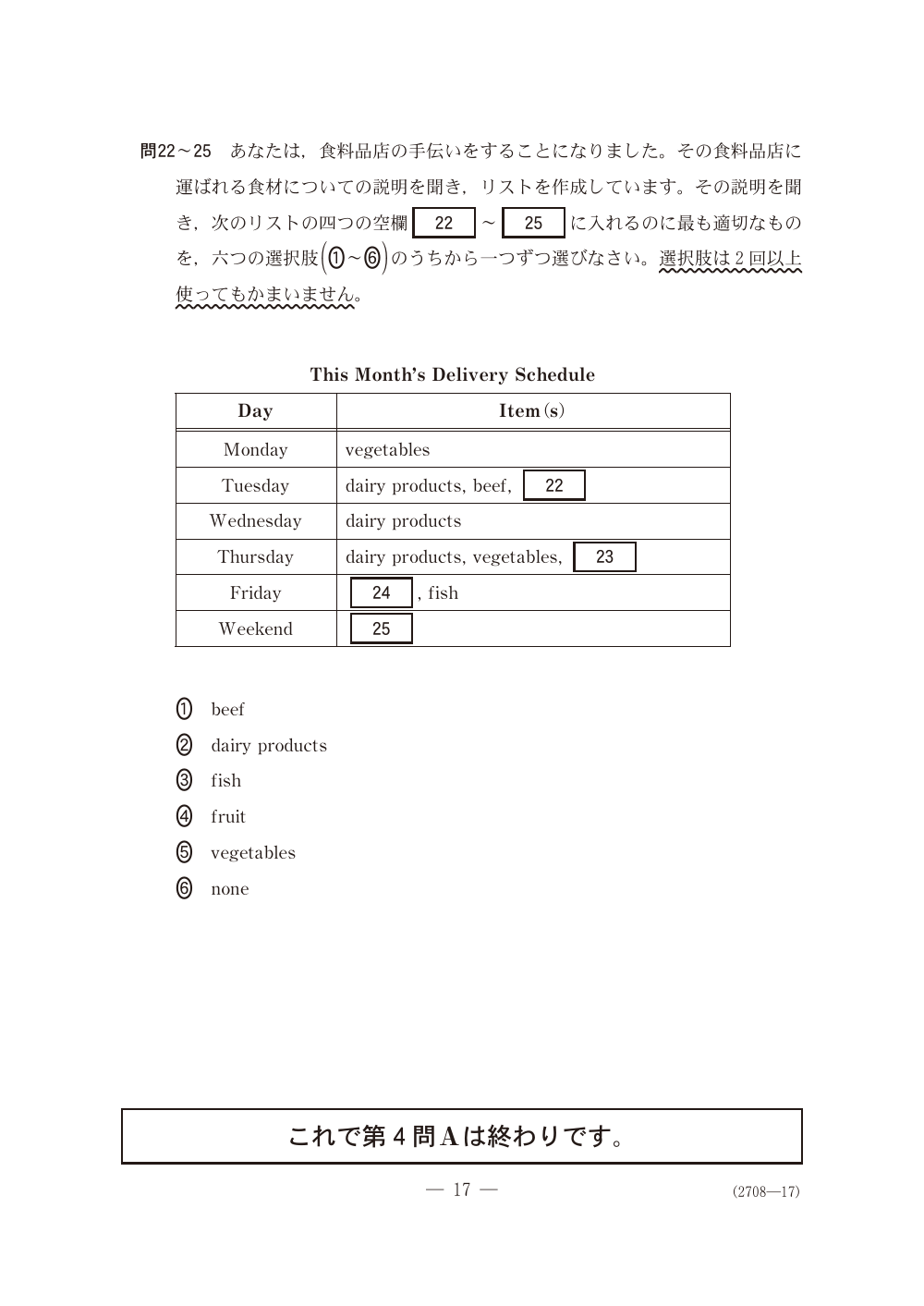 問22の問題冊子ページ(図表)