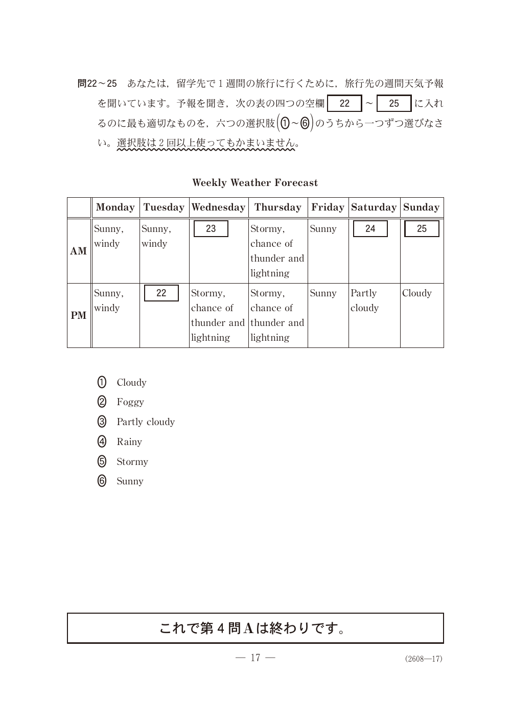 問22の問題冊子ページ(図表)