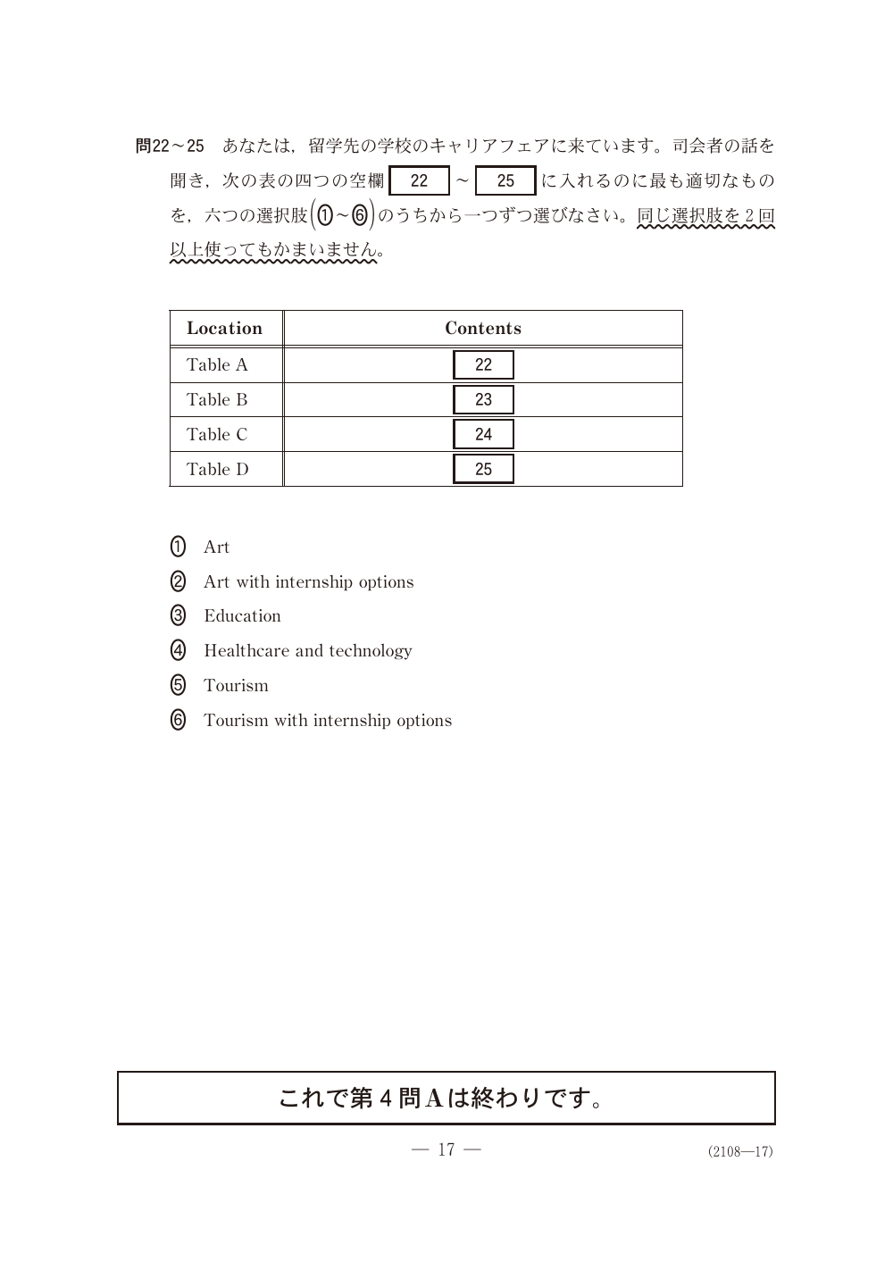 問22の問題冊子ページ(図表)